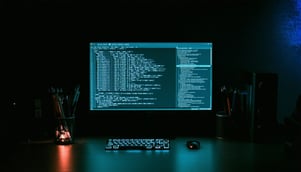 cyber attack on computer screen in a dark room-1