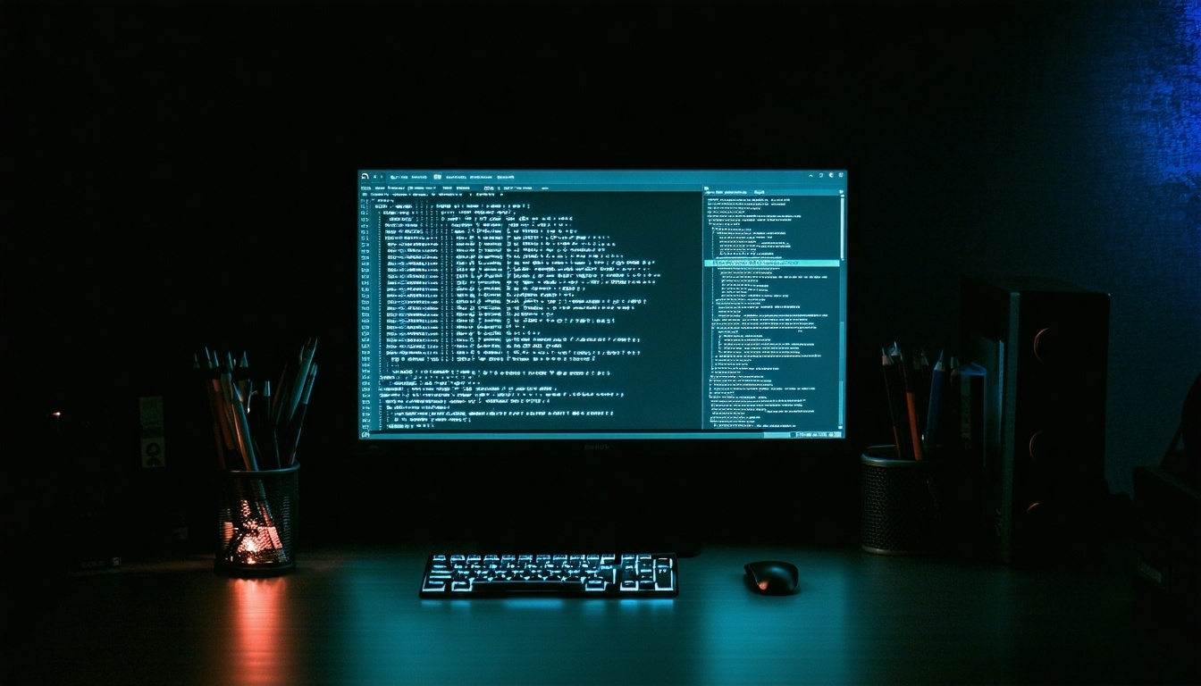 cyber attack on computer screen in a dark room-1