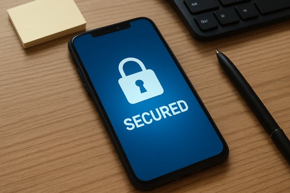 phone on a desk with the phone screen showing a lock icon that says secured-1
