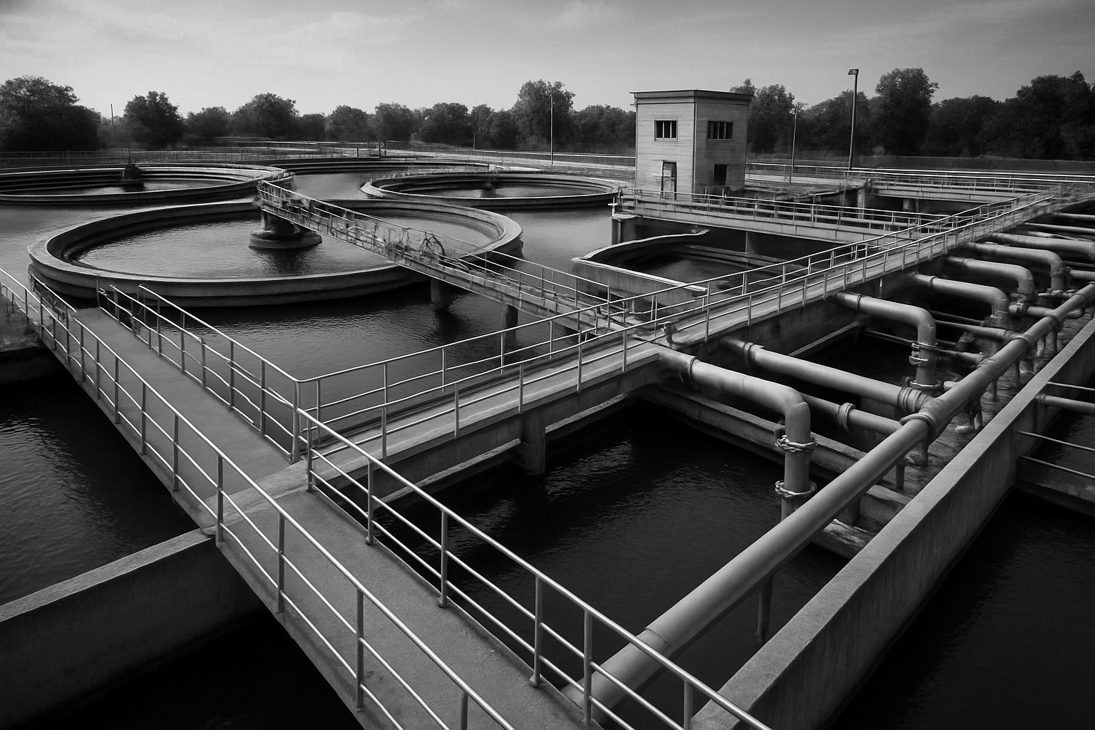 water treatment facility in black and white just the facility no people-1