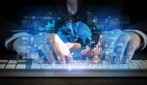Business woman typing on keyboard with global system concept-4