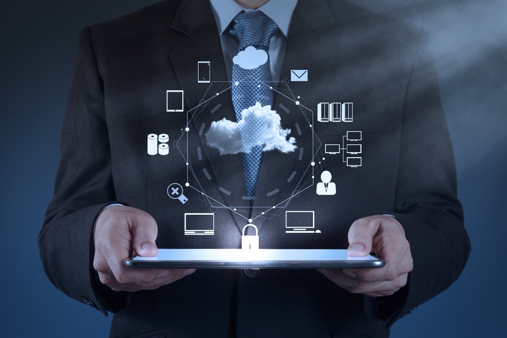 Businessman hand working with a Cloud Computing diagram on the new computer interface as concept-4