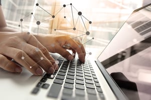 Double exposure of business man hand working on blank screen laptop computer on wooden desk as concept with diagram