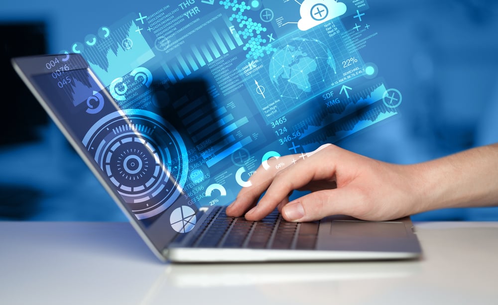 Modern notebook computer with future technology media symbols-3