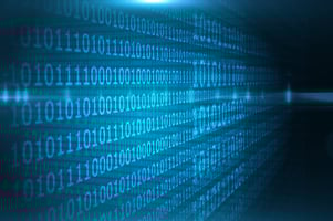 Shiny blue binary code on black background