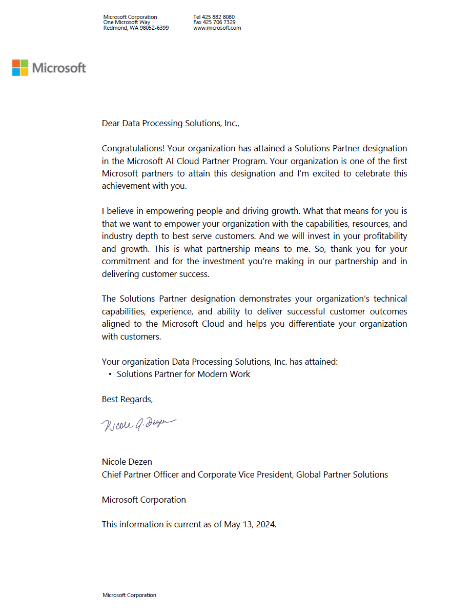 Solutions Partner Congratulations Letter