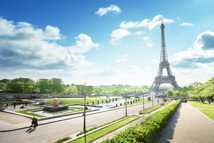 sunny morning and Eiffel Tower, Paris, France